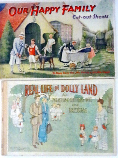 Thompson & Gabriel Paper Doll Books: Charles C. Thompson co. Chicago, Real Life in Dolly Land for Painting cutting out and dressing 10 x 15 " Book all uncut and in good condition, shows some slight wear, together with Saml. Gabriel , Out