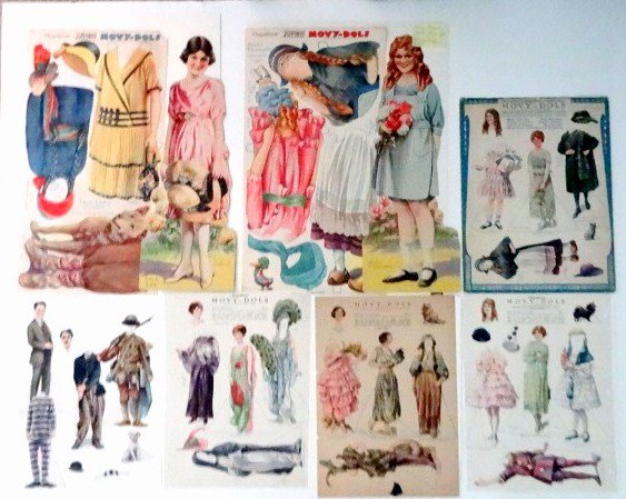 Percy Reeves` Movy-Dols: Percy Reeves` Movy-Dolls, in original envelope with Elsie Ferguson, Marguerite Clark, Norma Tallmadge all uncut, Charlie Chaplin is cut, together with Jumbo Dolls, Mary Pickford and Lilia Lee both 15"