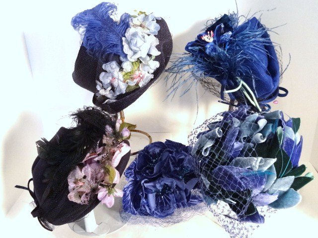 Doll Hats from Vintage Fabrics: Five elegant doll hats crafted by Dorothy Huber, made out of antique hats, blue in color, various styles and sizes and lovely workmanship. One of a Kind!