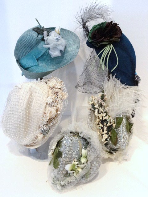 Doll Hats from Vintage Fabrics: Five Doll Hats Designed by Dorothy Huber, made out of antique hats, Blue and White in color, all sizes , all styles. Beautiful Workmanship. One of a Kind!