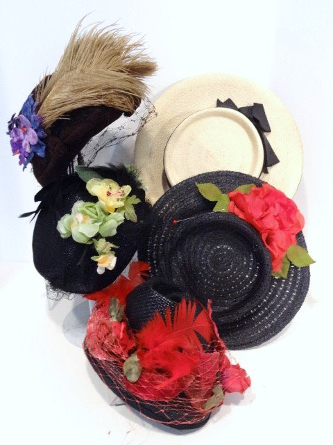 Doll Hats from Vintage Fabrics: Five Doll Hats Designed by Dorothy Huber, made out of antique hats, Black and Brown in color, all sizes , all styles. Beautiful Workmanship. One of a Kind!