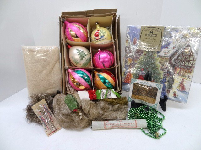 Grouping Vintage Christmas Accessories: Christmas Balls in OB, tinsel, angel hair, metal labels, etc. 13 x 9 in. box