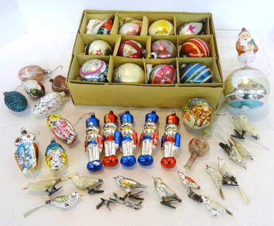 Figural Christmas Ornaments: Figural Christmas ornaments, birds, owl, pine cone, approximately 12 pcs., this is a fix up lot, birds are as is, lot, large Santa box balls, large lot