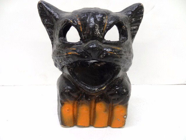 Halloween Paper Mache Cat: Paper Mache Cat, 9 in., w/very good paint, missing paper eyes and mouth