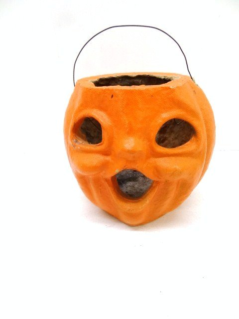 Paper Mache Halloween Jack-o-Lantern: Paper Mache Halloween Jack-o-Lantern, 4 3/4 in. high without handle