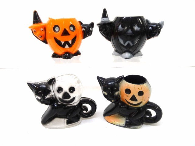 Plastic Halloween Figures: Two cats w/Jack-o-Lanterns, 2 pumpkin faces w/cat & witch, 2 1/2 in. tallest