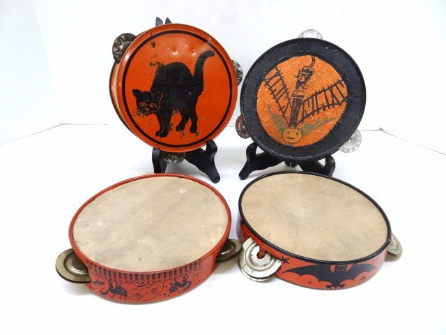 Four Halloween Tambourines: One Ohio Art, 2 unmarked and one was handmade w/crepe paper, all 6 in. round