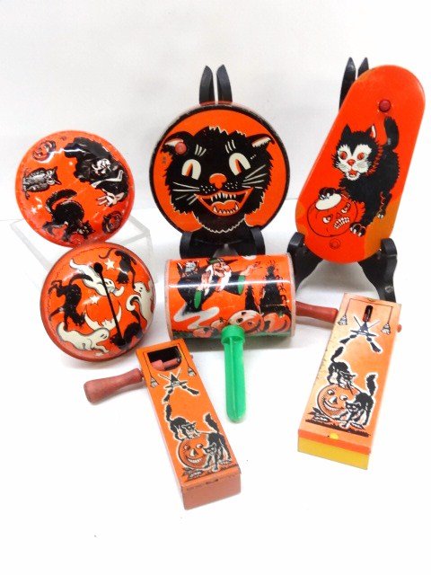 Vintage Halloween Noisemakers: Seven vintage Halloween noisemakers, 5 in.