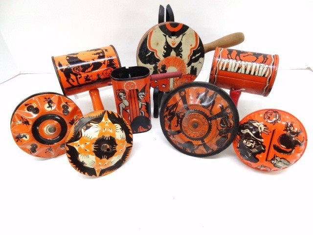 Vintage Halloween Noisemakers: Eight vintage Halloween noisemakers, 5 in. tallest