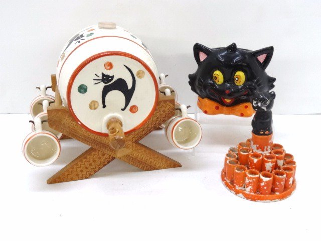 Halloween Whiskey Keg, Candle, Holder, and Cups w/Cats: Halloween Whiskey Key decorated with cat and balls, also candle holder and cat cup,