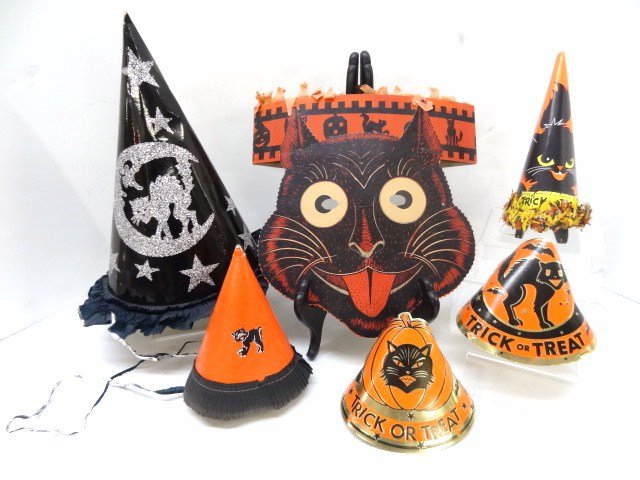 Vintage Halloween Hats: Seven vintage Halloween hats & cat mask, 12 in. tallest