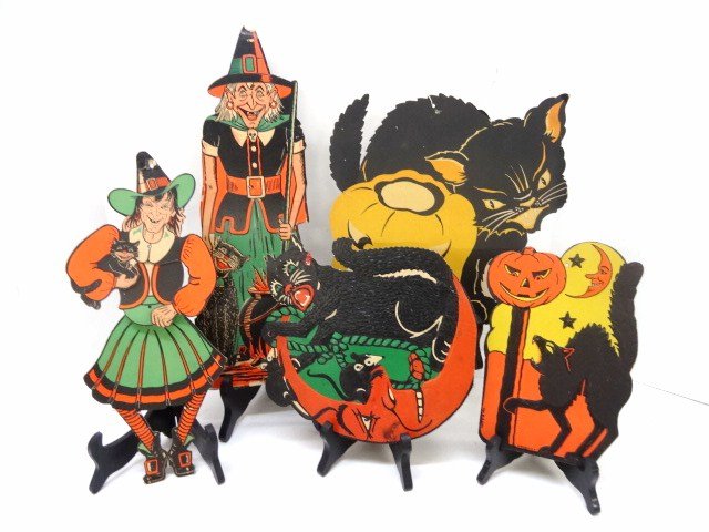 Vintage Halloween Decorations: Five vintage cardboard & paper Halloween decorations, witch, cat, etc. great designs, 17 in. tallest
