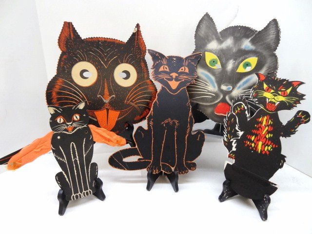 Halloween Cat Decorations: Five Halloween cat decorations, faces, full cats, 11 in. tallest