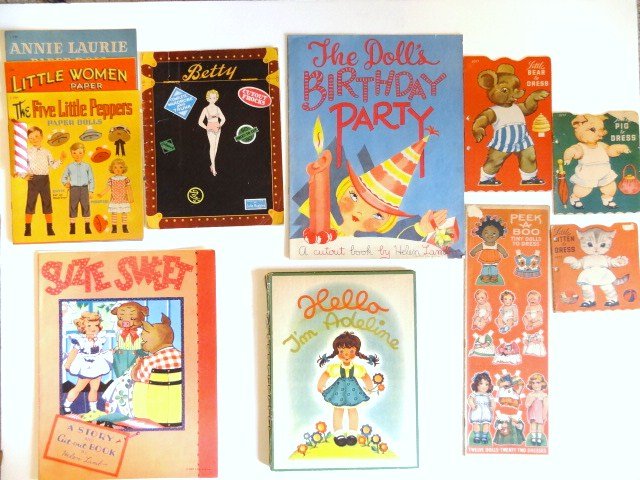 Uncut Paper Doll Books: Eleven uncut paper doll books, Peek-a-boo by Charles Graham & Co., Betty by Rhett Miller, Little Bear, Kitten, and Pig by Lowe, Annie Laurie, Little Woman, Five Little Peppers by Lowe, Suzie Sweet by 