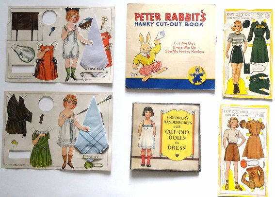 Childrens Cut-out Handkerchiefs: Five children handkerchiefs, Peter Rabbit's hanky cut-out book, cut-out doll w/Brownie wardrobe, Will Pente, Dolly's Daily cut-outs, Wednesday & Sunday