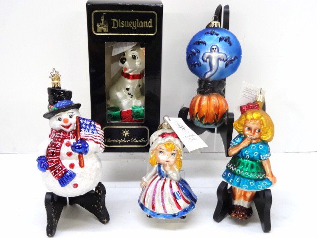 Five Christopher Radko Glass Ornaments: Five Christopher Radko glass ornaments, one Disneyland in box, 6 in. tallest