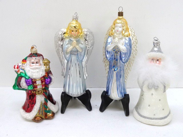 Four Contemporary Glass Ornaments: Four contemporary glass ornaments, 2 Santas & 2 angels, 8 in. tallest