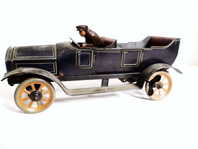 Bing Tin Wind-up Roadster w/Driver: Bing Black roadster w/red paint, orange rims, tine wind-up car, 9 1/2 x 4 1/2 in.