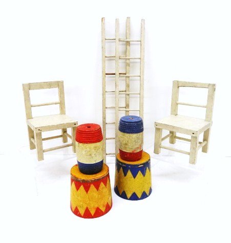 Schoenhut Circus Accessories: Schoenhut circus accessories, 2 chairs, 2 stands, 2 barrels, 2 ladders, 12 in.