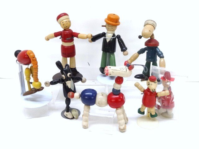 Jamar Wooden Figures: Popeye, Orphan Annie, Ed Wynn, mouse, Moon Mullins, pig, horse, ostrich, 6 in.