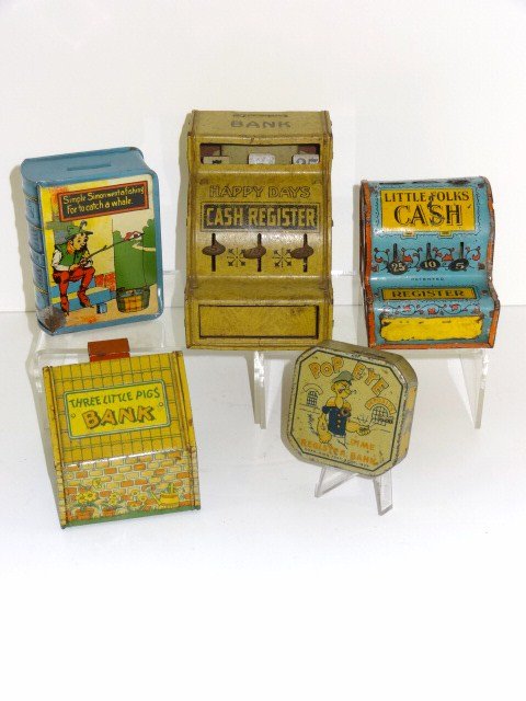 Figural Comic Character Banks: Popeye dime bank 2 1/2 in. across, Little Folks cash register by Gropper 3 in. (H), Happy Days cash register bank Chein 4 in. (H), 3 Little Pigs bank by Chein 3 in. (H), Simple Simon book bank 4 in. (