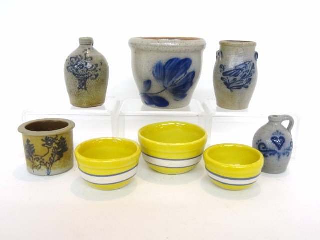 Miniature Blue Decorated Crocks: Five Contemporary Blue Decorated crocks and jugs each has a different design: Reindeer, flower basket, heart, bird, great decorations, together with Yelloware nesting bowls , largest crock is 2 1/2"