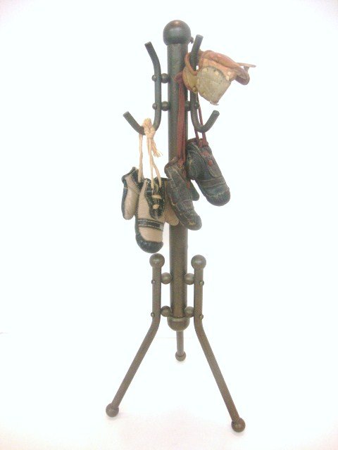 Salesman Sample Brass Coat Rack: Brass Salesman Sample coat Rack w/miniature boxing gloves and baseball glove. Coat Rack 16"