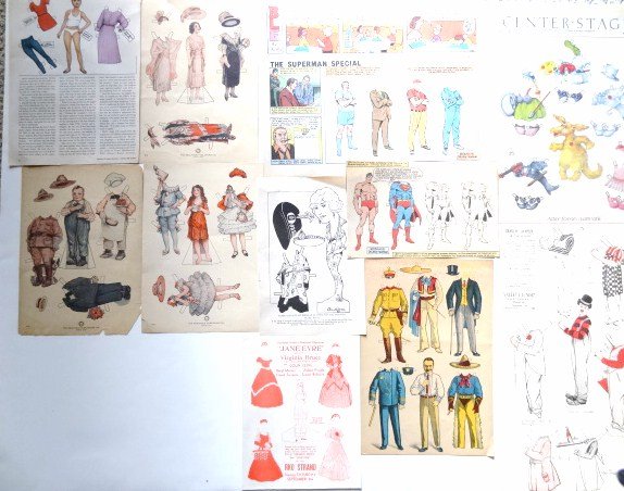 Saalfield and Comic Paper Dolls: Grouping Saalfield, Betty Compson, Marguerite Clark, Fatty Arbuckle, others to include Valley Laundry, Charlie Chaplin, Douglas Fairbanks, Pearl White, Jayne Eyre, Newspaper Superman, etc. all uncut