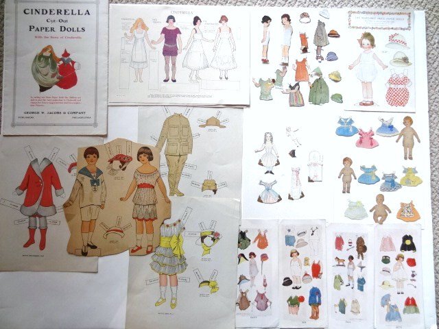Large Grouping Vintage Paper Dolls: One set homemade (3) 3 1/2 in. & smaller dolls & 8 dresses, Maxine Waldron doll & baby, The Smart Jet Paper Doll Co., Fish &* Lyman Co., Marg. Evans Price Sue & Davey (1920) uncut, Platt & Nourse, Jac