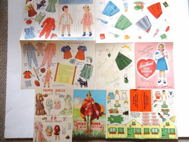Advertising Paper Dolls: F.P. Knitted Waists, uncut, Pied Piper shoes booklet - uncut, Sweetheart Bread - uncut, Red River Cereal - uncut, Talon Slide Fasteners - uncut.