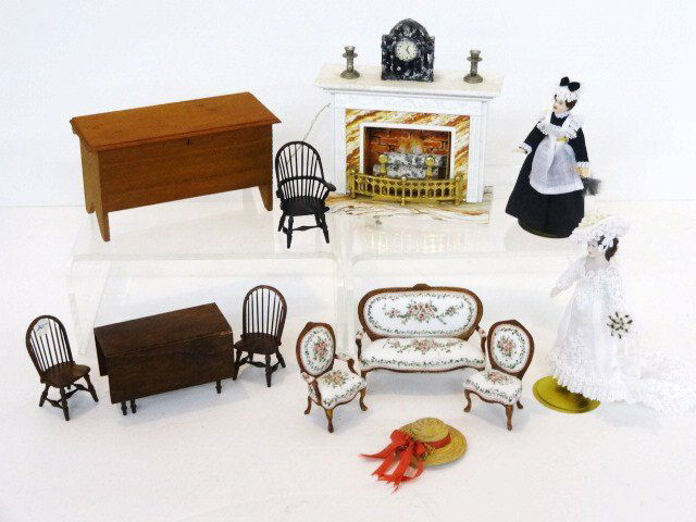 Artisan Dollhouse Furniture: Half scale sofa, 2 chairs, table & 3 Windsor chairs by Nancy Summerville, 2 half scale dolls by JoAnne Roberts, full scale chest by Warren Dick, unmarked fireplace, 3 1/2 in. tallest