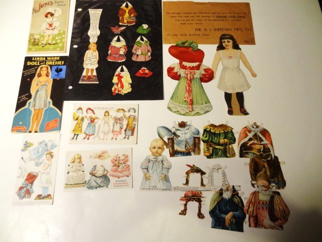 Advertising Paper Dolls: Jaynes Tonic Book uncut shows damage in center from staples (as is), Linda Ware doll & dresses uncut, Diamond Finish Starch doll 8 1/2 in., 1 dress & 1 hat w/original envelope, Kirkma Borax Soap 4 in.