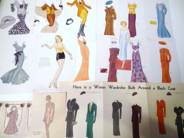 Fashion Paper Dolls: Gabriel 1930, Lady 10 in., 6 uncut dresses, Curtis Pub. Co. 7 1/2 in. uncut doll w/ sheet that has 6 outfits, doll 10 in. 1 cut dress, 4 uncut dresses, M.G. Hays 3 part folding postcard, Violette Brun