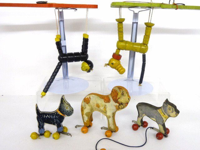 Fisher-Price Pluto/Kitten, and Lithographed Dogs: Two Fisher-Price pop-up toys, Pluto/kitten together w/partial dog lithographed pull toy, 11 in. longest
