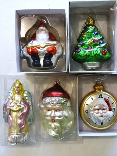 Department 56 Christmas Balls: Five large Department 56 glass figural Christmas balls, 3 Santa, angel, Christmas tree, 9 1/2 in. tallest