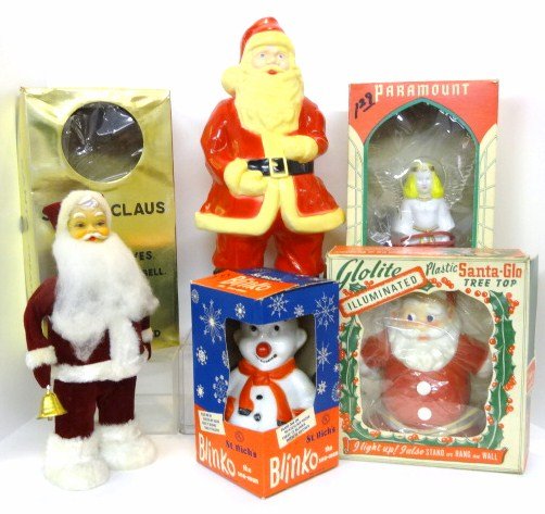 1950's Plastic Santas: Plastic Santa light 17 in. (no cord), battery operated Santa in original box, Blinko plastic snow-man (o/b), plastic angel (ob), Glolite Santa tree top (o/b), 17 in. tallest