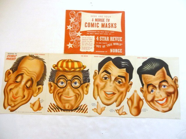 Norge TV Comic Masks: Four Norge TV comic masks in original envelope, Jimmy Durante, Ed Wynn, Danny Thomas, Jack Carson, 11 x 8 1/2 in.