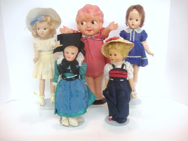 Celluloid and Composition Doll: Effanbee Suzette 11 in. w/original clothes, hair as is, LeMadelon 10 1/2 in. by Madeleine Frazier w/original dress, no shoes, plastic French & Italian doll, all original