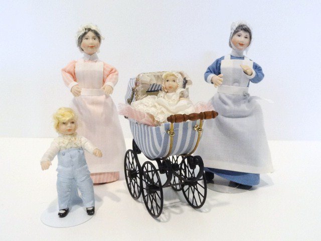 English Nannies: Two Victorian lady servants 5.5" H, a boy toddler and a baby, all by Woodside Dolls (Jill Nix) with a pretty pram, and all purchased from The Singing Tree back when…