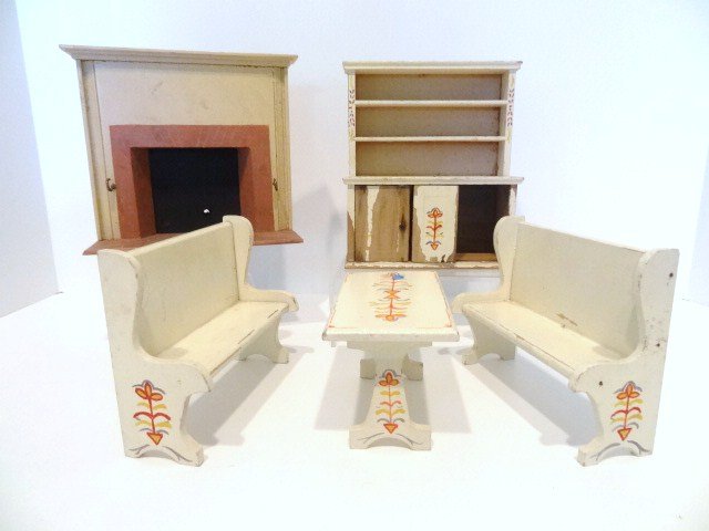 Vintage Lynnfield and Tynietoy Furniture: A Lynnfield breakfast nook set comprising a painted Welsh dresser 5.75" H, 5" W (base damaged), table and two benches, and a Tynietoy fireplace with faded brick hearth and original hardware (backing c
