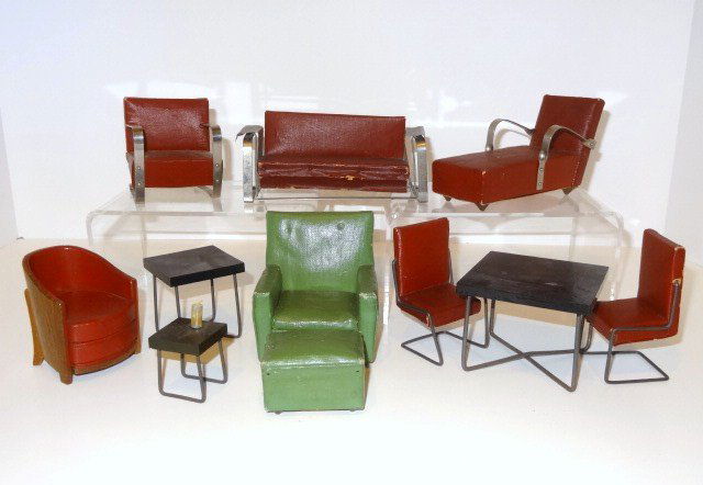 Vintage Moderne Miniatures, Breuer, Deskey, Ruhlmann: Salesman's samples or student work, Marcel Breuer style unique and unusual wood, leatherette and metal modern furniture comprising a chaise 2.75" H, 5" L with leatherette upholstery and matching chair