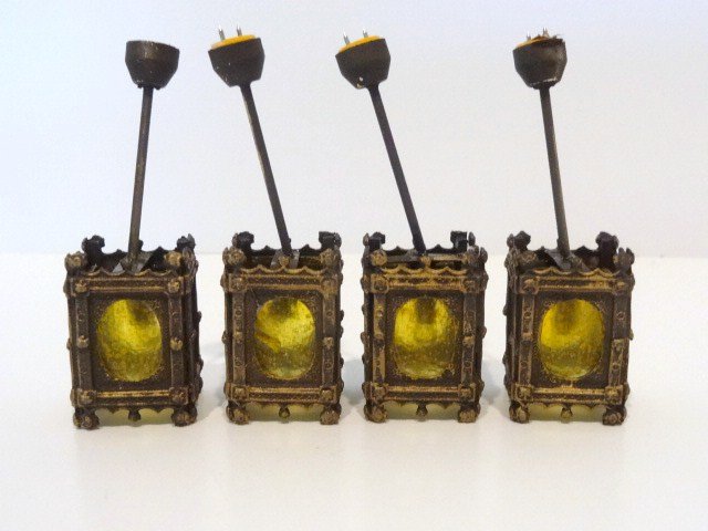 Gothic Chandeliers: Four unusual hanging light fixtures made from antiqued cast metal and electrified. 4" H, 1" W.