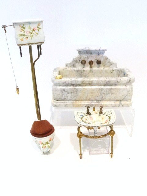 Betty Blankenfeld Bathroom: Beautifully hand-painted Victorian bathroom suite featuring a massive marbleized tub 3.25" H, 5" L, a pretty sink and matching toilet. Some adhesive residues.