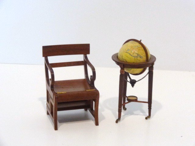 Gerald Crawford Library Steps: Classic metamorphic library steps by Gerald Crawford 2.75" H an a handsome globe on stand, unsigned.