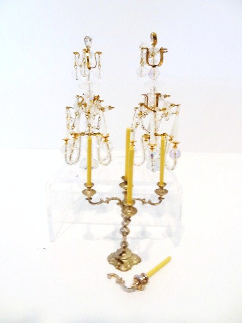 Hodgson Candelabra: A silver candelabra 3" H by John Hodgson (one arm off) and a pair of Phyllis Tucker crystal candelabras.