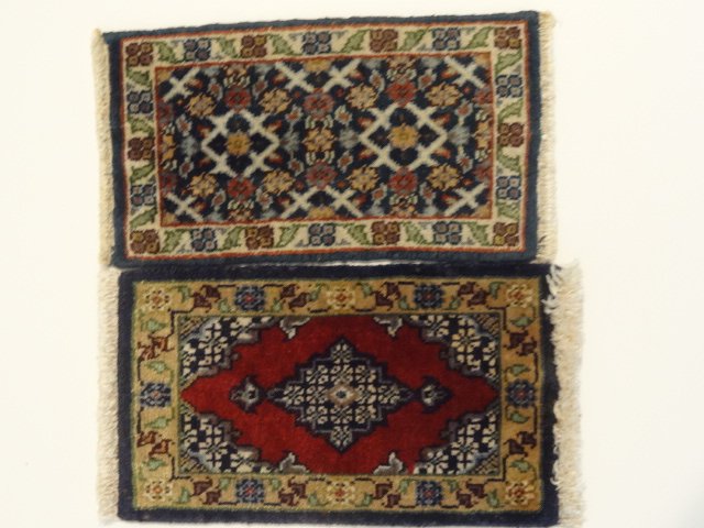 Classic Carpets: Two hand-knotted silk carpets by Barry Dawson's Classic Carpets, both approx. 4" X 7" with fringe and handsome indeed.