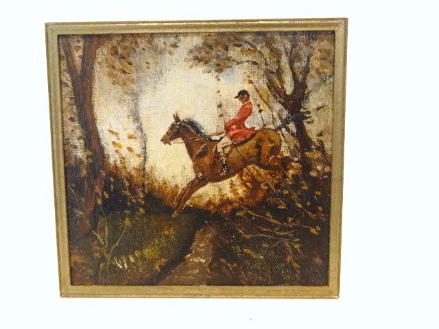 George Schlosser Equestrian Painting: Copied from Sir Alfred Mannings' "The Huntsman" an oil painting by George Schlosser. 3" X 3". Adhesive residue on back.