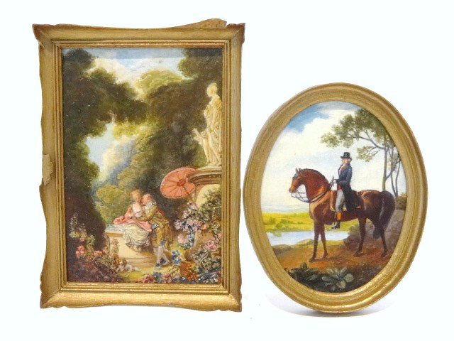 Marjorie Adams Paintings: Two oil paintings by Marjorie Adams: an oval equestrian painting 2" X 2.5" (back damaged) and a copy of a Fragonard 2.25" X 3" frame damaged, adhesive residue on back. The paintings themselves are exc