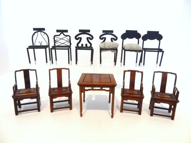 Garden Seating: Two sets of casual furniture: a nice quality Chinese wooden table (some fading and stains) and four armchairs, and six unusual metal chairs just under 3" H.