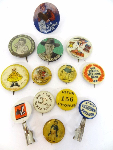Pin-Back Buttons Comics: Hopalong Cassidy, Yellow Kid, Palmer Cox Brownies, Old Reliable Coffee, etc.